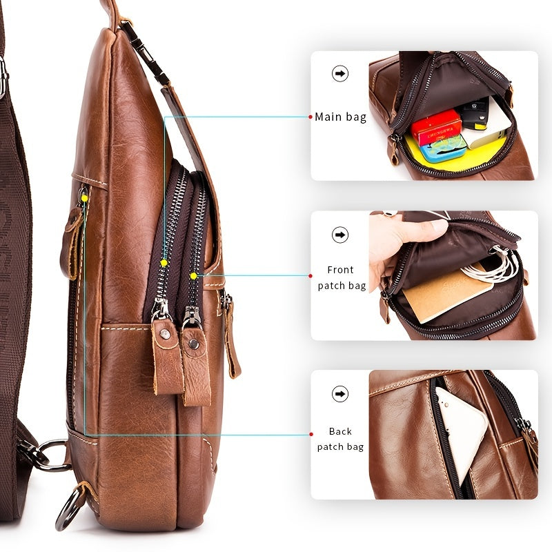Men's Large Capacity Leather Chest Bag - Retro Casual Style Shoulder Bag
