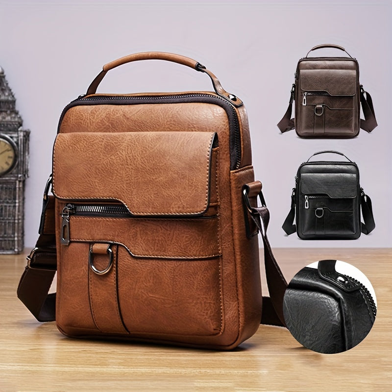 Vintage PU Leather Shoulder Bag - Men's Large Capacity Vertical Business Handbag