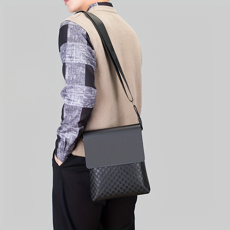 Men's Fashion Casual Business Bag - Soft PU Leather Plaid Pattern Square Bag