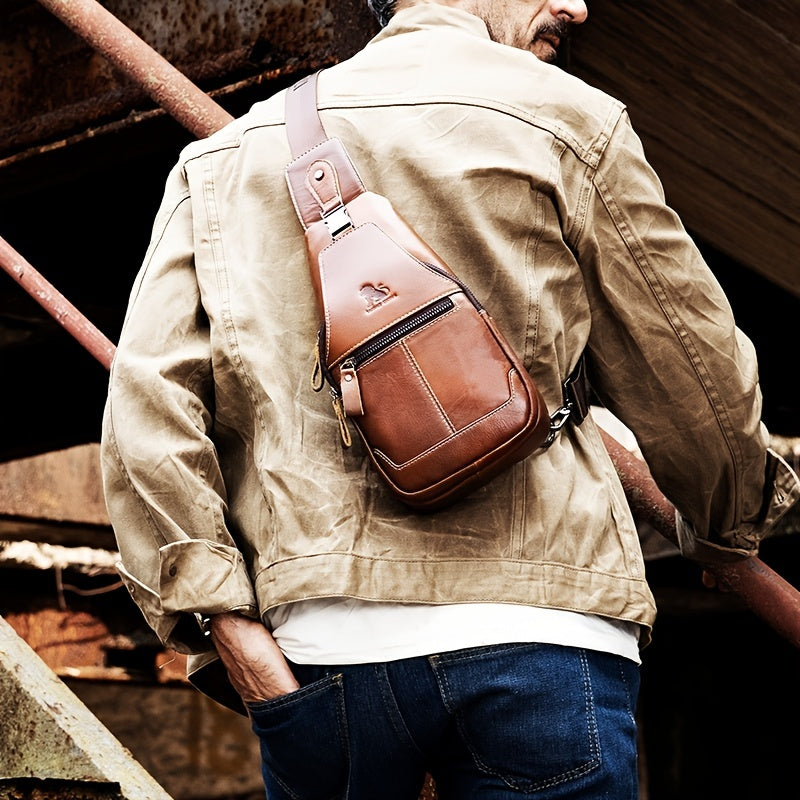 Men's Large Capacity Leather Chest Bag - Retro Casual Style Shoulder Bag