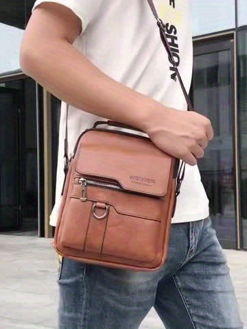 Vintage PU Leather Shoulder Bag - Men's Large Capacity Vertical Business Handbag