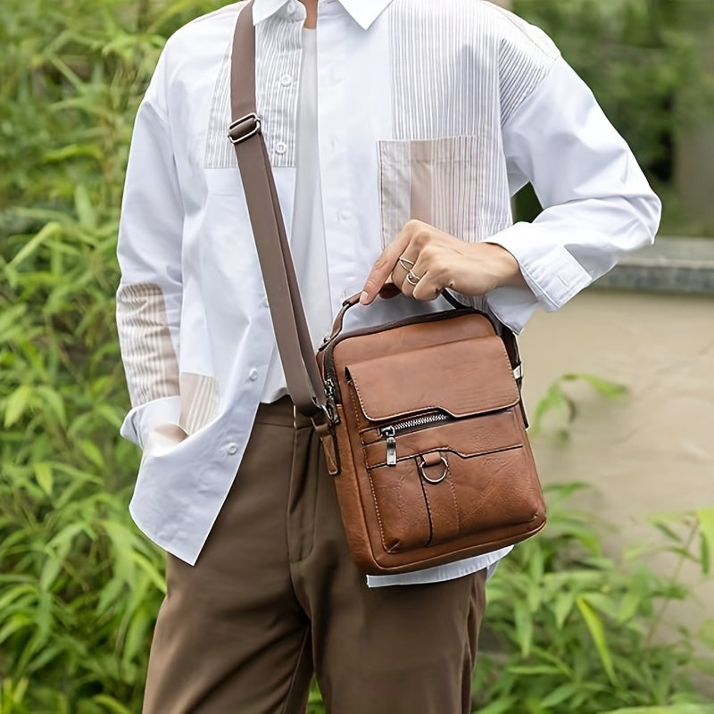 Vintage PU Leather Shoulder Bag - Men's Large Capacity Vertical Business Handbag