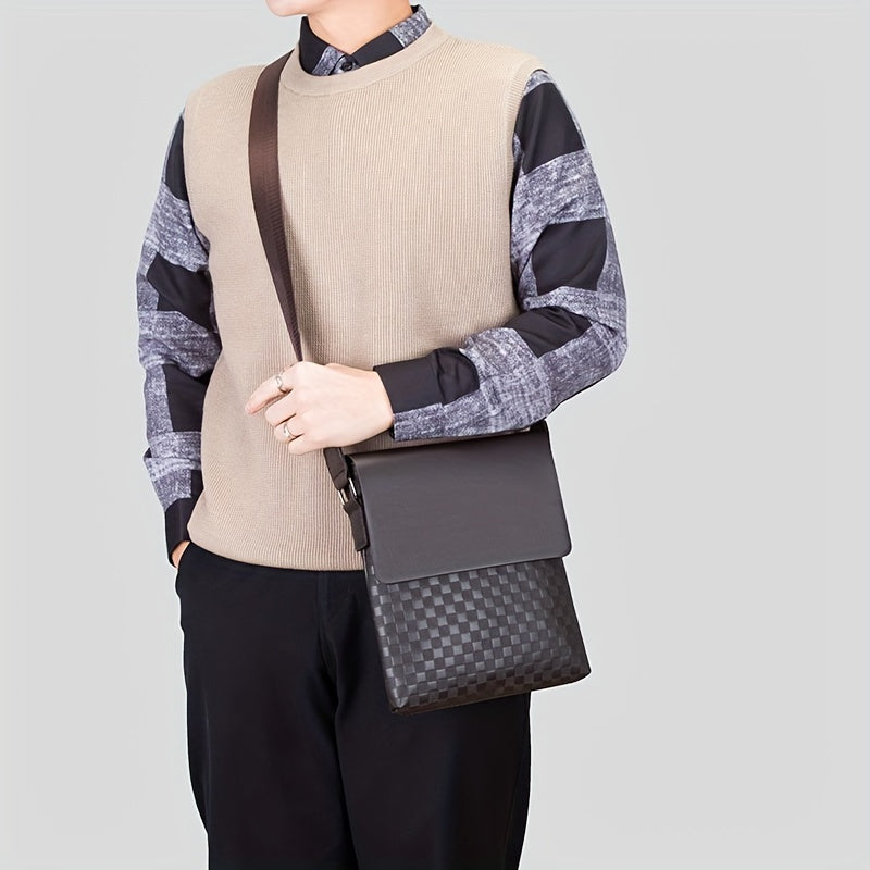 Men's Fashion Casual Business Bag - Soft PU Leather Plaid Pattern Square Bag