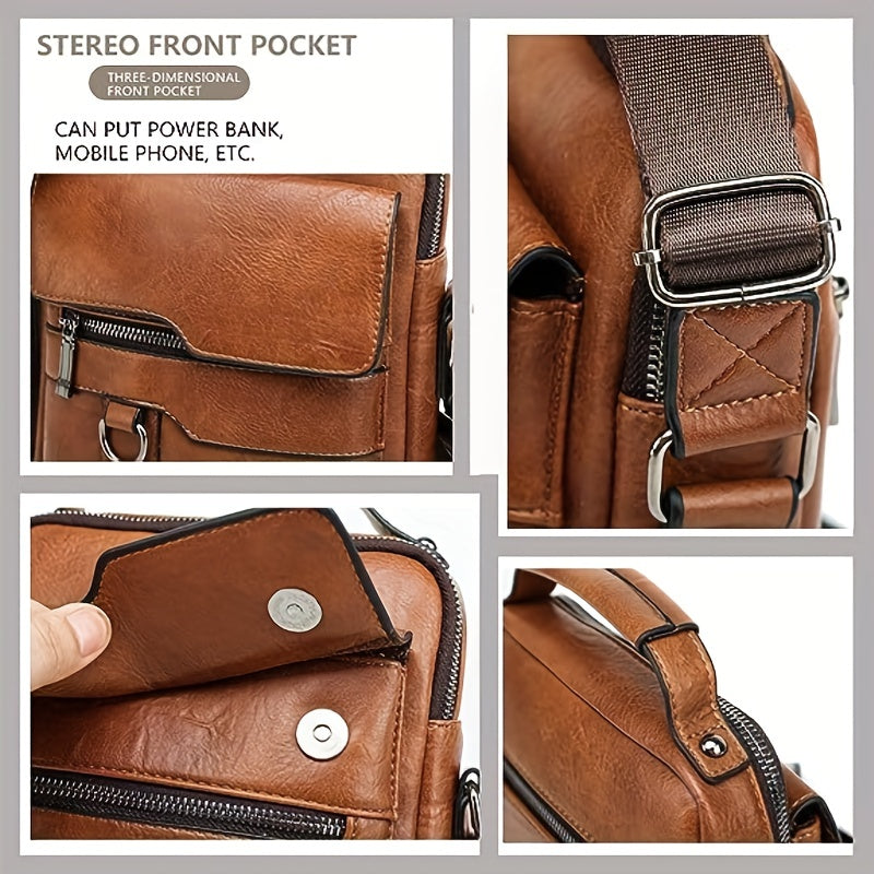 Vintage PU Leather Shoulder Bag - Men's Large Capacity Vertical Business Handbag